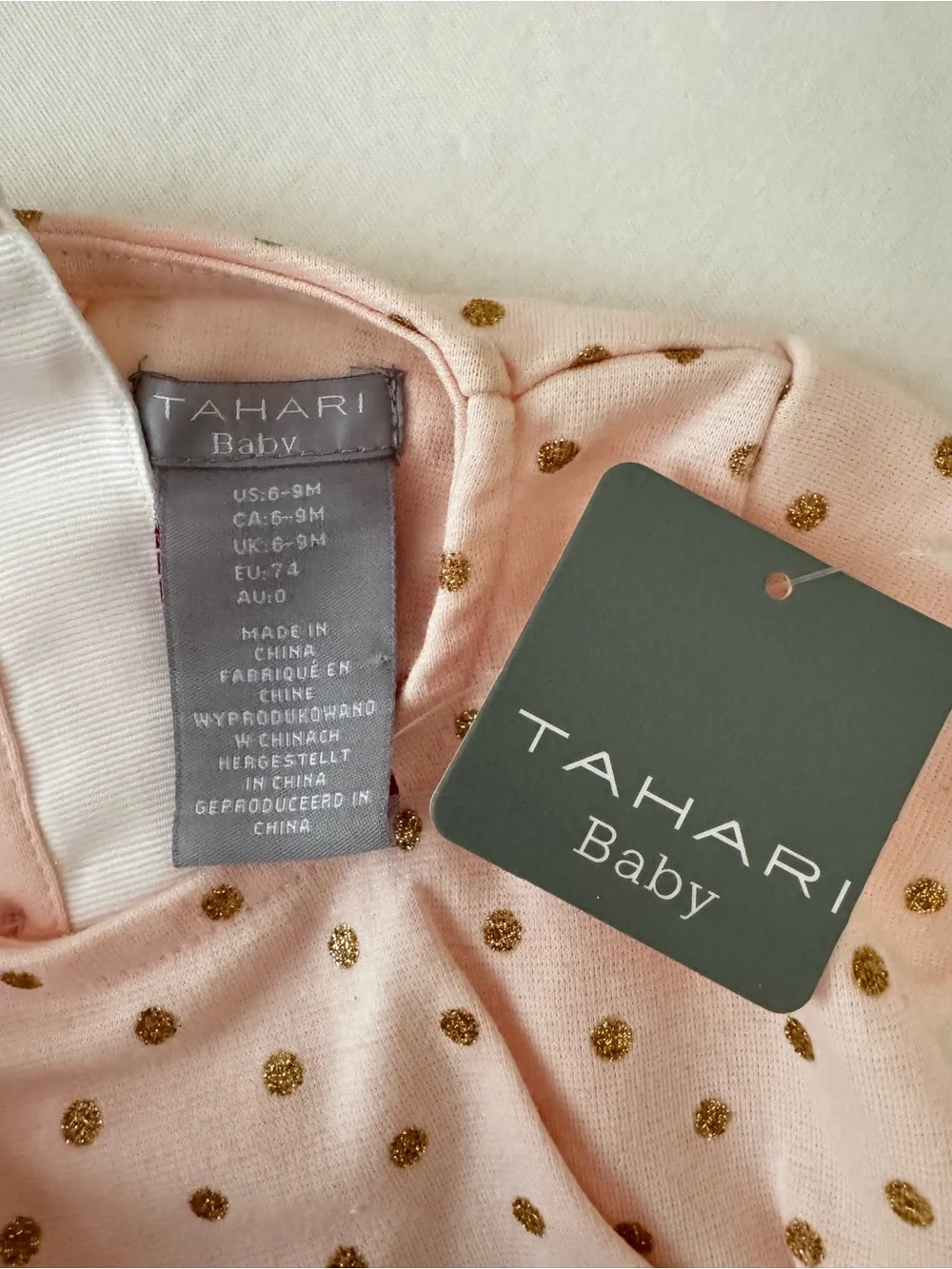 Tahari Baby Pink Top with Gold Polka Dots